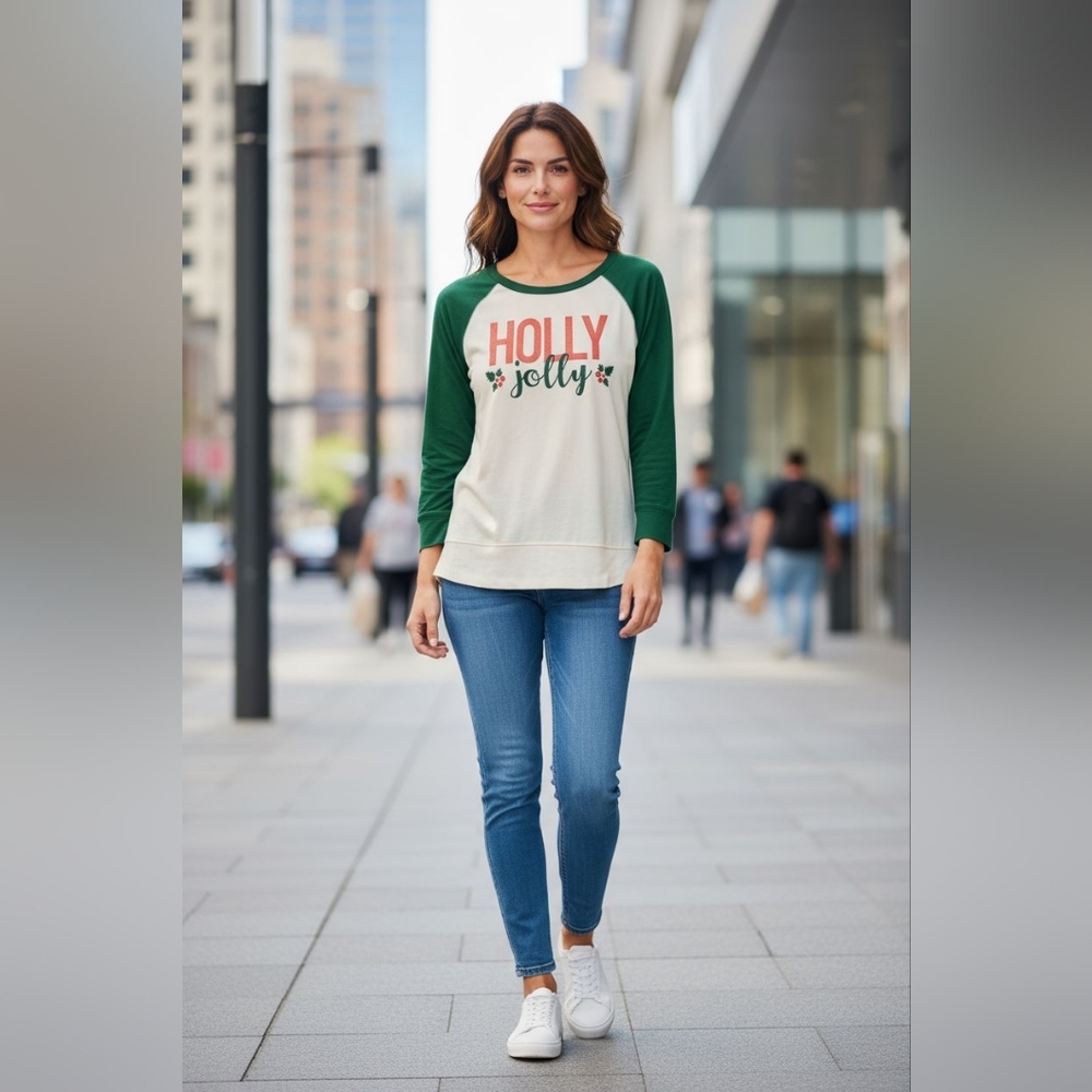 Modern Canvas Green and White 'Holly Jolly' Women's Sweatshirt Sz Sm